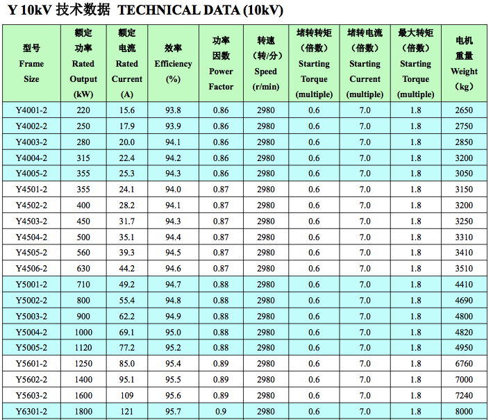 Y10kV中型高压电机技术数据1