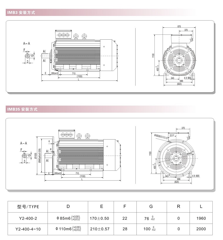 Y2VF400低压变频调速电机安装及外形尺寸